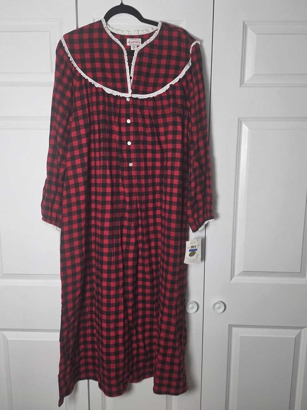 NWT Lanz of Salzburg XL Buffalo Check Flannel Nightgown Red Black Cotton